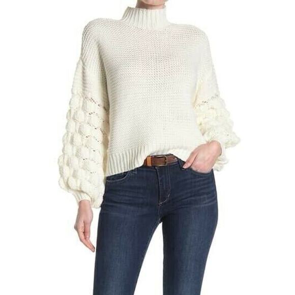 FEMME BY DESIGN White Mock Neck Bubble Sleeve Knit Sweater NEW Nordstrom S - Picture 1 of 8